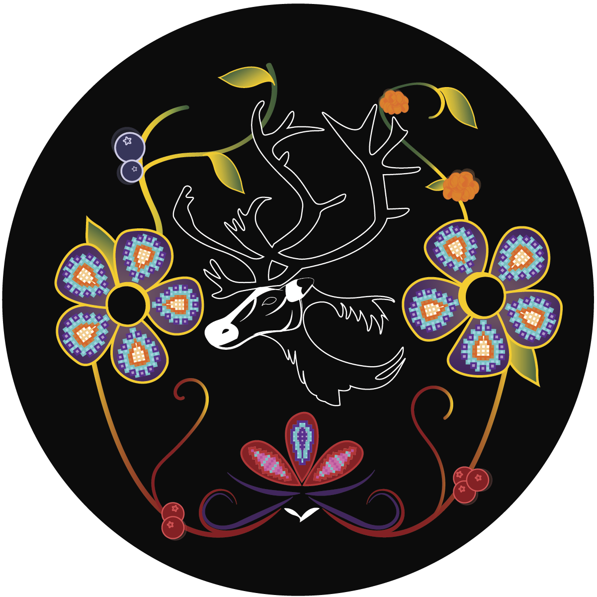 Logo de Kanessa Michel : un cercle noir orné d'un renne blanc stylisé, de fleurs colorées et de motifs végétaux d'inspiration autochtone.