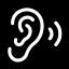 Icône filaire d'une oreille qui écoute blanc sur fond noir
