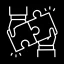 Icône filaire de 2 mains faisant un puzzle blanc sur fond noir