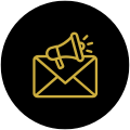 Icône ronde, noir et jaune, avec une enveloppe et un megaphone