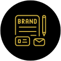 Icône ronde, noir et jaune, avec une page branding, un stylos et une enveloppe